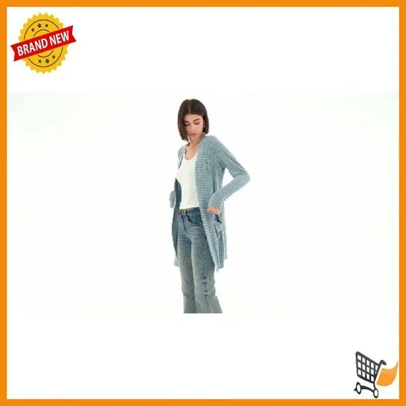 Long Ribbed Cardigan Sweater with Patch Pockets Lightweight Loose Fit - Picture 7 of 8